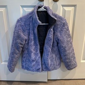 Great condition girls North Face jacket. Reversible! Purple/blue/gray. Size L